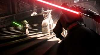 A saber fight in Star Wars: Battlefront II.
