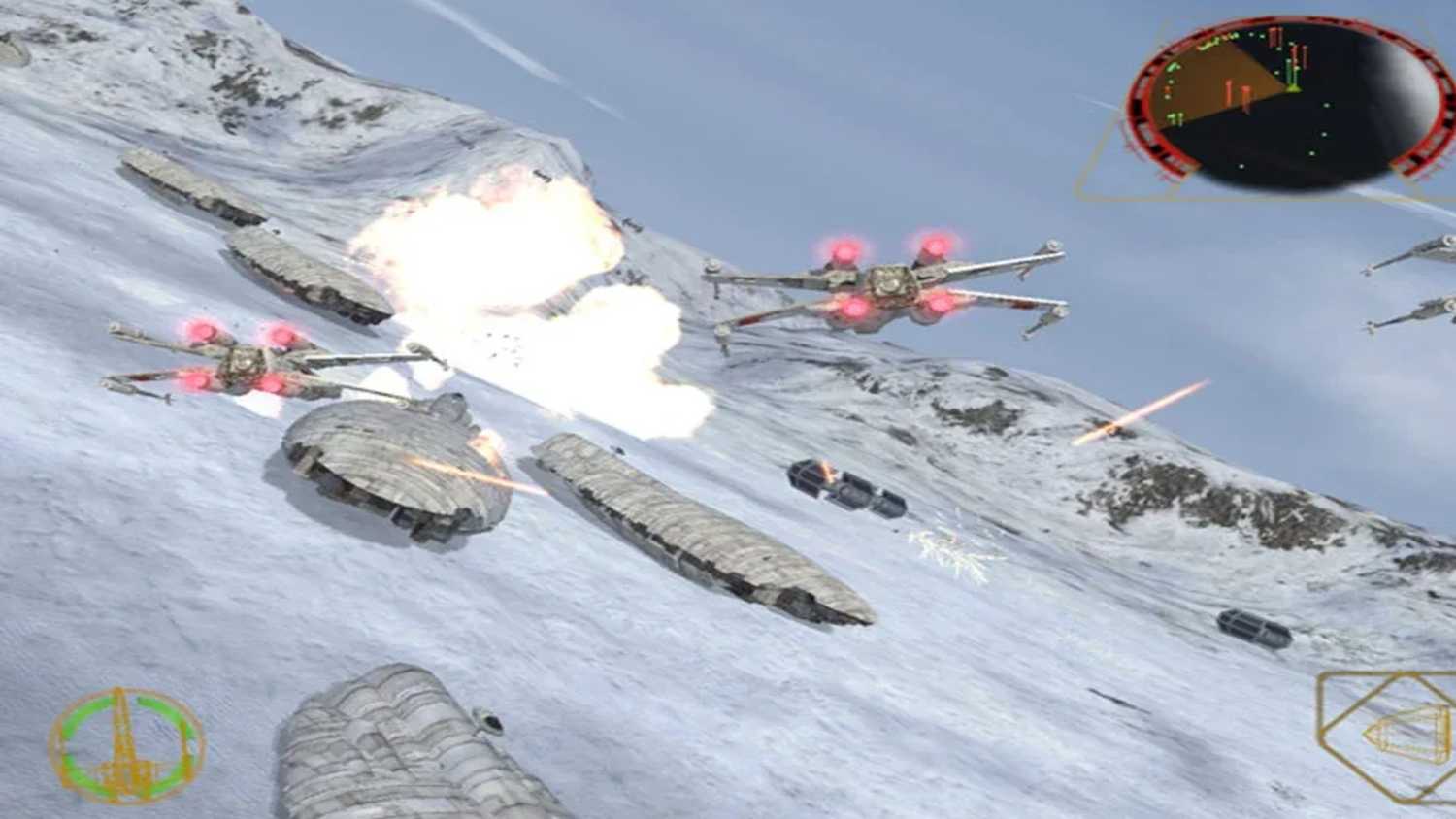 A screenshot of gameplay from Star Wars Rogue Squadron 2: Rogue Leader