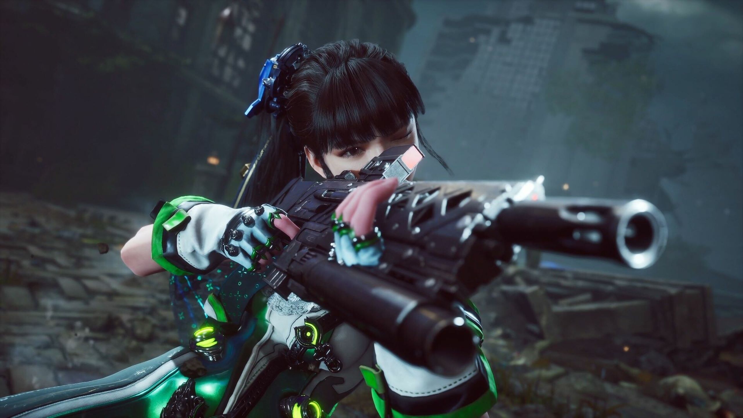 Gameplay screenshot of Stellar Blade, showing Eve aiming down a gun's sights.