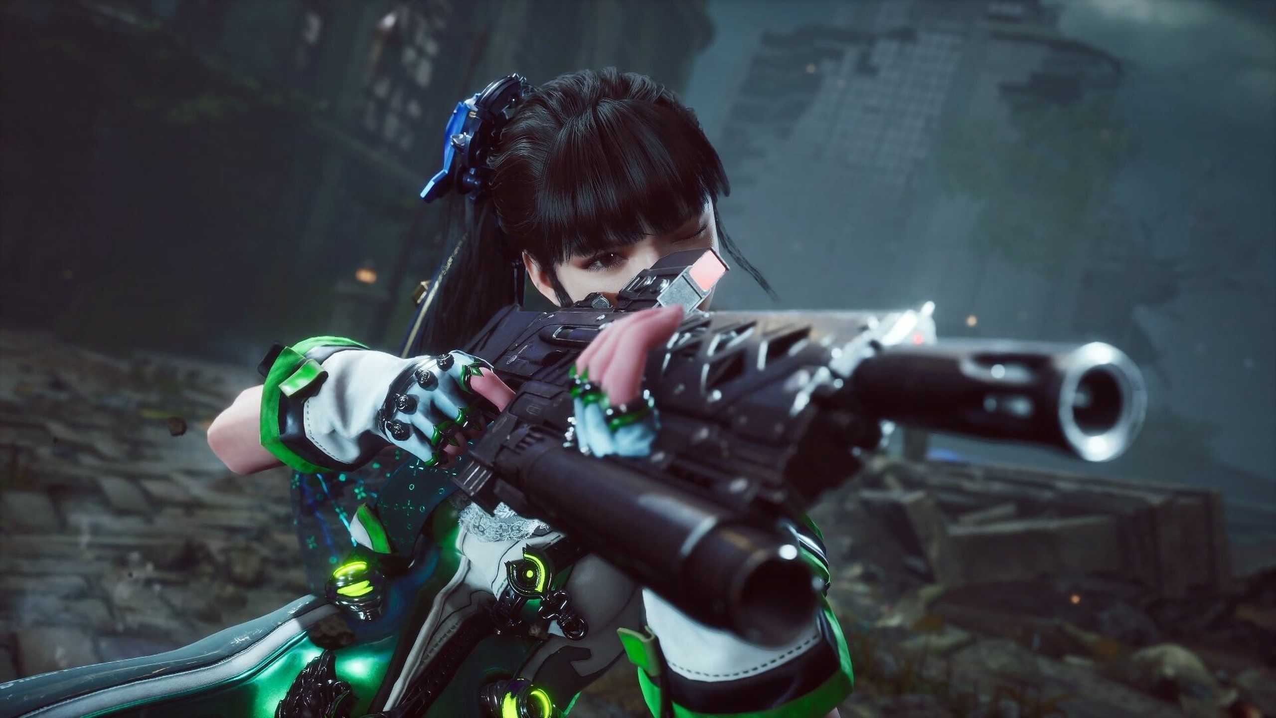 Gameplay screenshot of Stellar Blade, showing Eve aiming down a gun's sights.