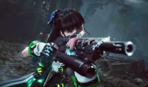 Gameplay screenshot of Stellar Blade, showing Eve aiming down a gun's sights.