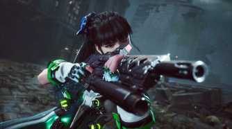 Gameplay screenshot of Stellar Blade, showing Eve aiming down a gun's sights.