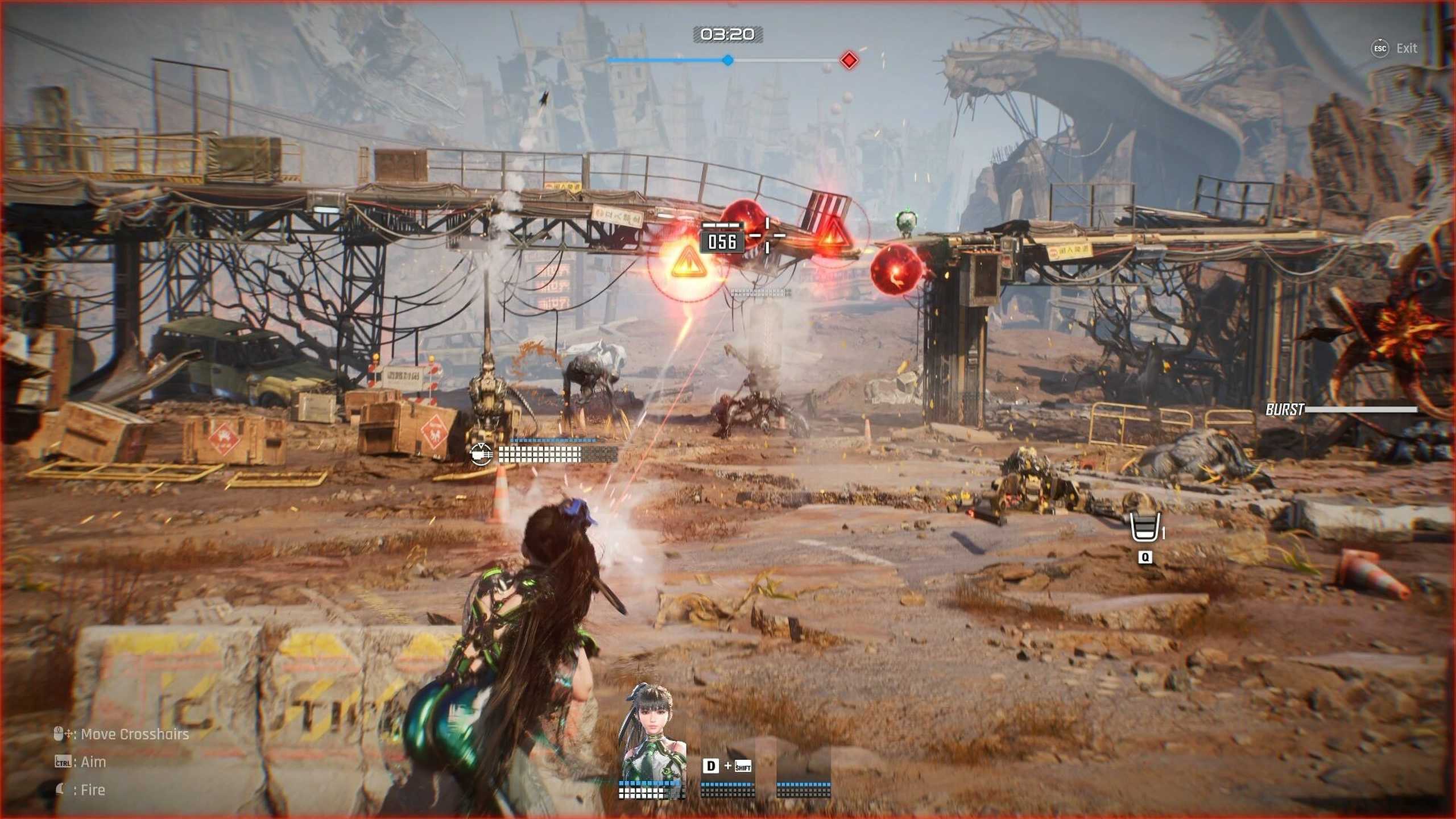 Gameplay screenshot of Stellar Blade, showing Eve firing from cover.
