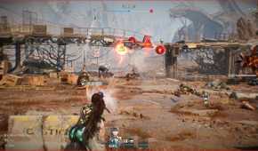 Gameplay screenshot of Stellar Blade, showing Eve firing from cover.