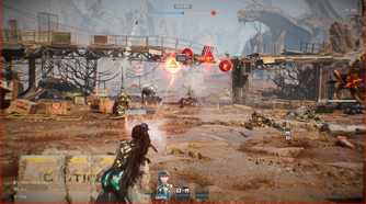 Gameplay screenshot of Stellar Blade, showing Eve firing from cover.