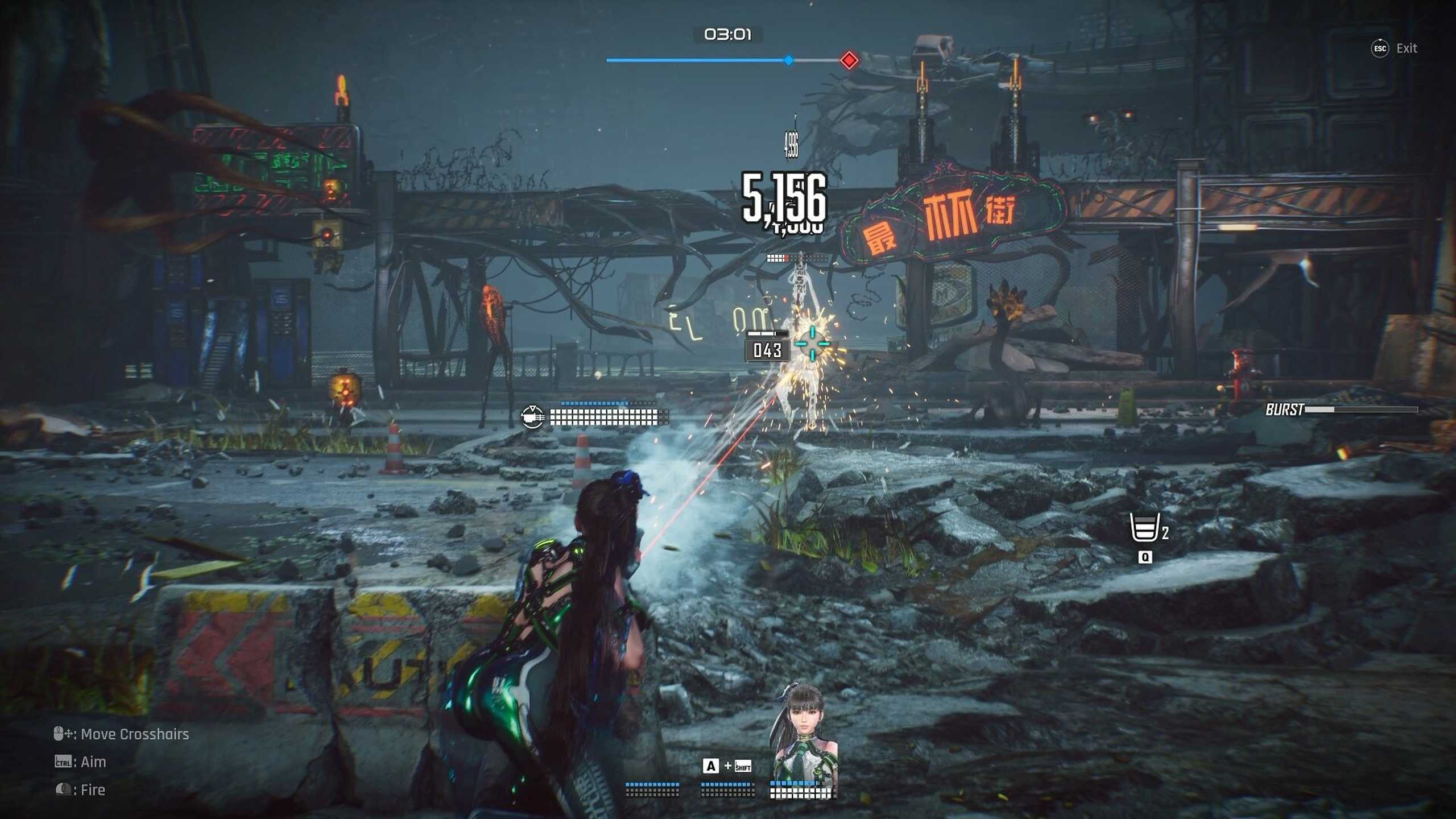 Gameplay screenshot of Stellar Blade, showing Eve shooting.