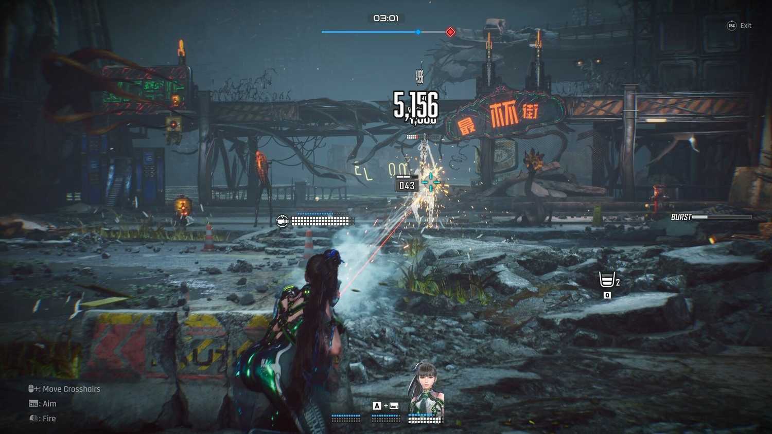 Gameplay screenshot of Stellar Blade, showing Eve shooting.