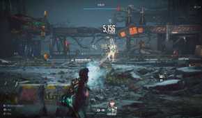 Gameplay screenshot of Stellar Blade, showing Eve shooting.