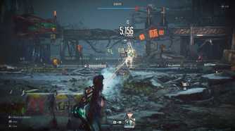 Gameplay screenshot of Stellar Blade, showing Eve shooting.
