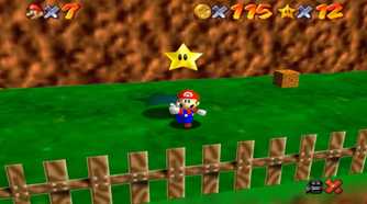 Screenshot of Super Mario 64 of Mario getting a Star.