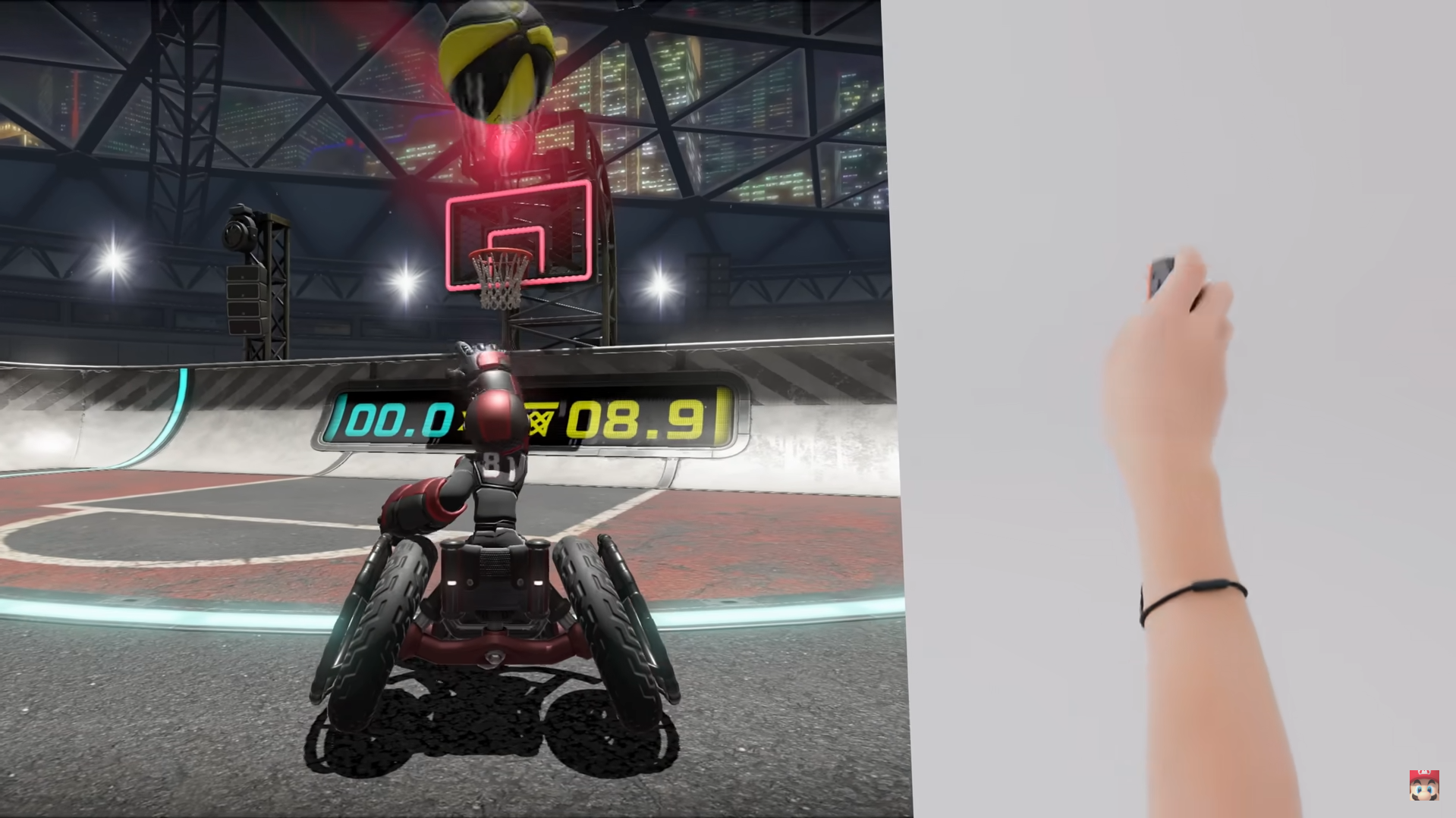 Screenshot of Drag x Drive showing a player making a throwing motion with the Joy-Con 2 to throw a ball in the game