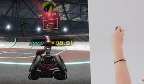 Screenshot of Drag x Drive showing a player making a throwing motion with the Joy-Con 2 to throw a ball in the game