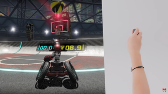 Screenshot of Drag x Drive showing a player making a throwing motion with the Joy-Con 2 to throw a ball in the game