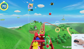 Screenshot of Super Mario Party Jamboree Nintendo Switch 2 Edition showing the Carnival Coaster with a small view of the player using one of the Joy-Con 2 as a mouse