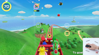 Screenshot of Super Mario Party Jamboree Nintendo Switch 2 Edition showing the Carnival Coaster with a small view of the player using one of the Joy-Con 2 as a mouse