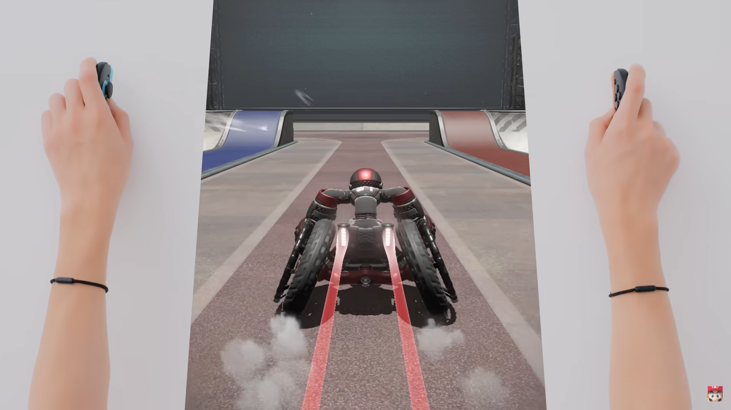 Screenshot of Drag x Drive showing a player making a dragging motion with the Joy-Con 2 to push a wheelchair forward in the game
