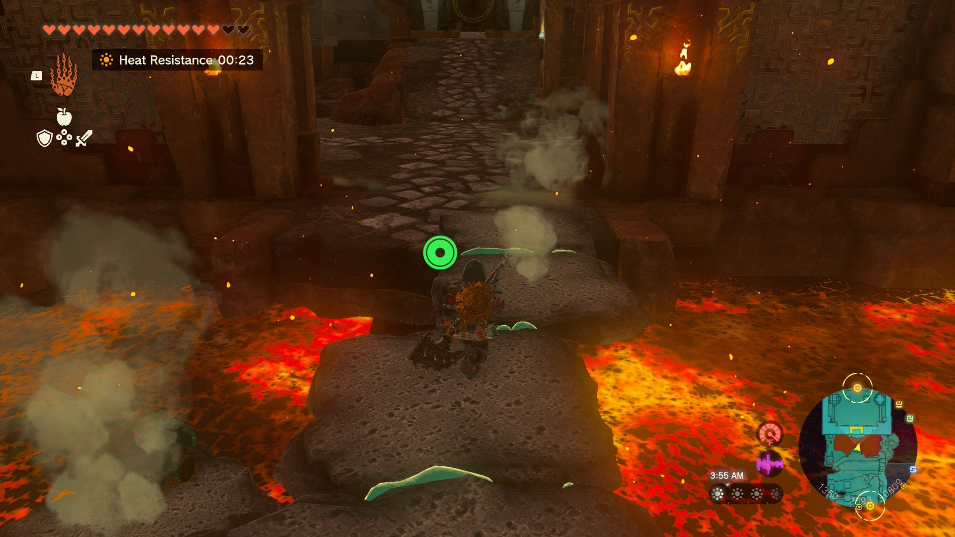 Tears of the Kingdom Link running across a lava rock bridge