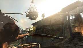 Lara Croft aiming an arrow at an enemy overhead in 2013's Tomb Raider.