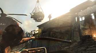 Lara Croft aiming an arrow at an enemy overhead in 2013's Tomb Raider.