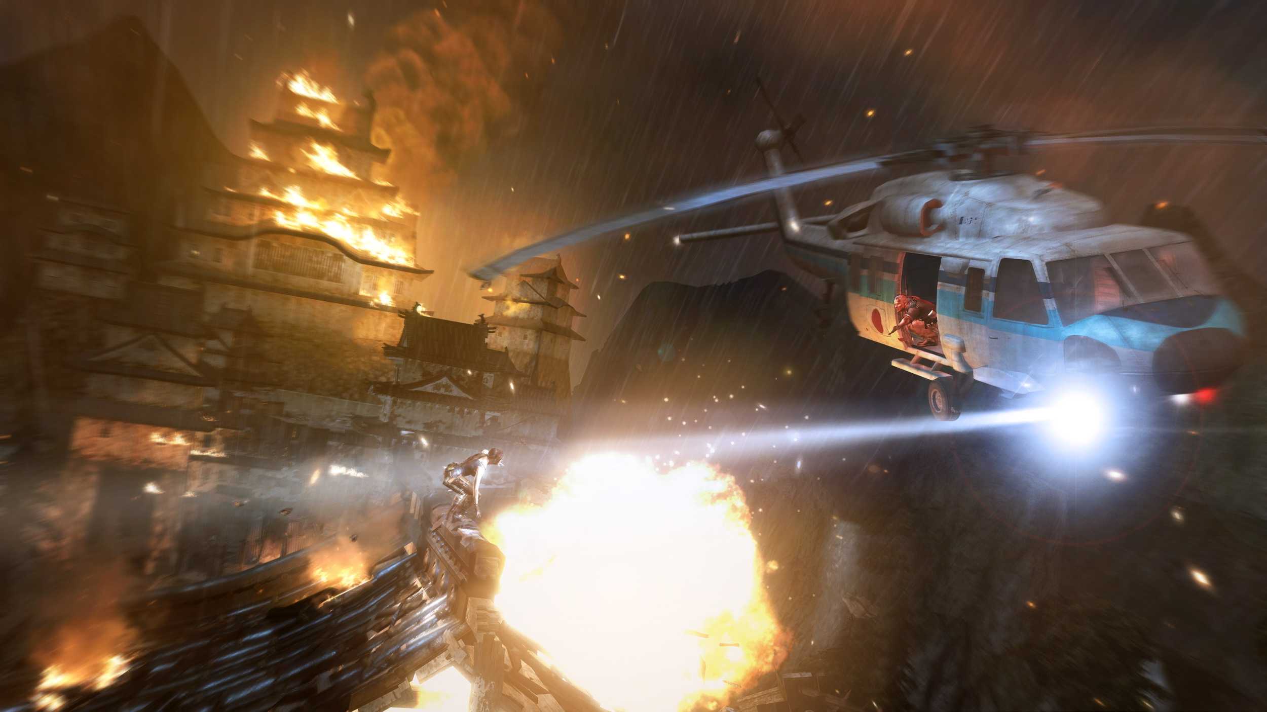 Lara Croft attempting to jump onto a helicopter in 2013's Tomb Raider.