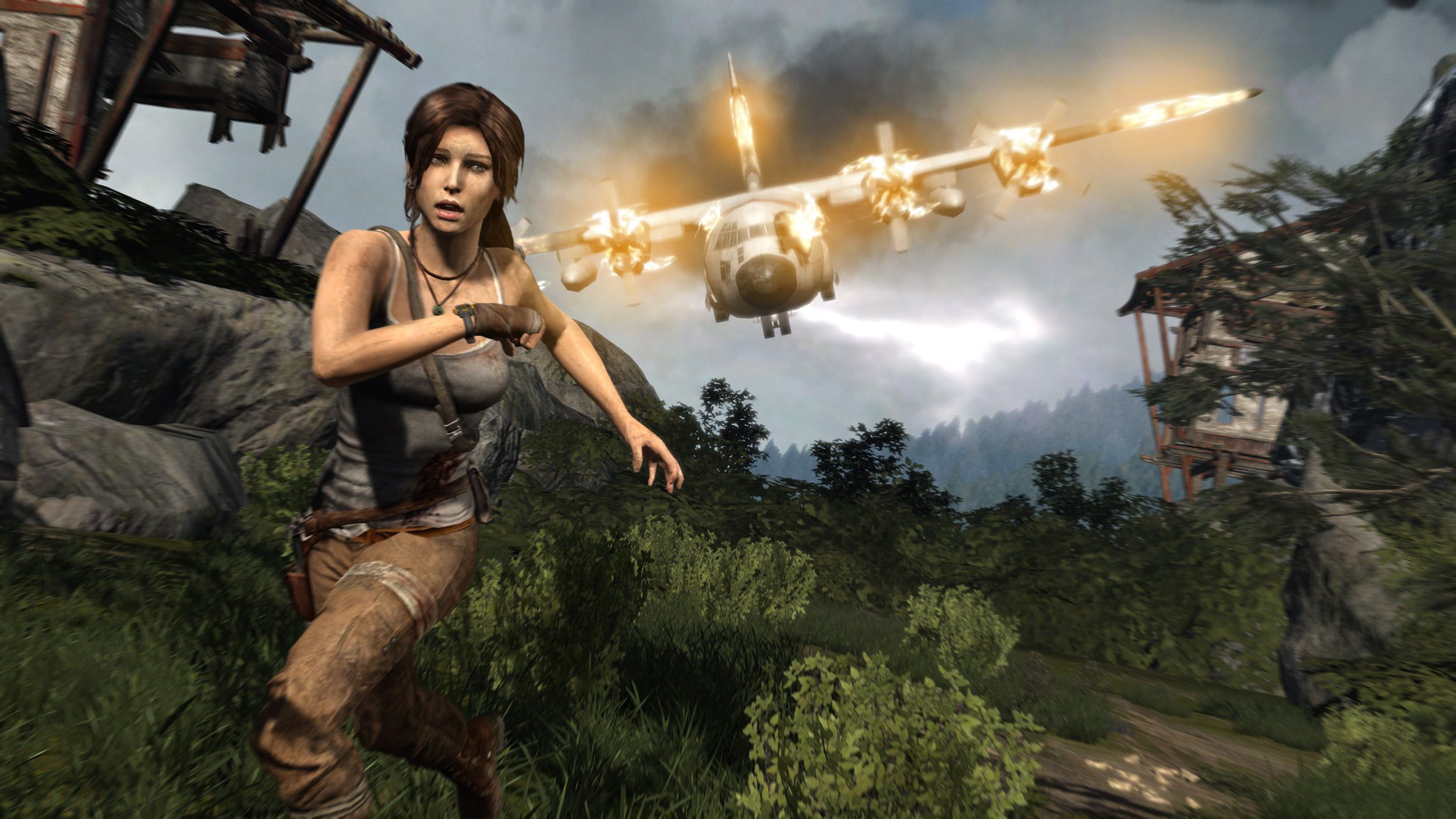 Lara Croft outrunning a burning plane in 2013's Tomb Raider.