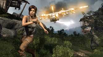 Lara Croft outrunning a burning plane in 2013's Tomb Raider.