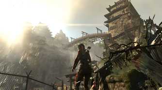 Lara Croft looking at a huge wooden bridge overhead in 2013's Tomb Raider.