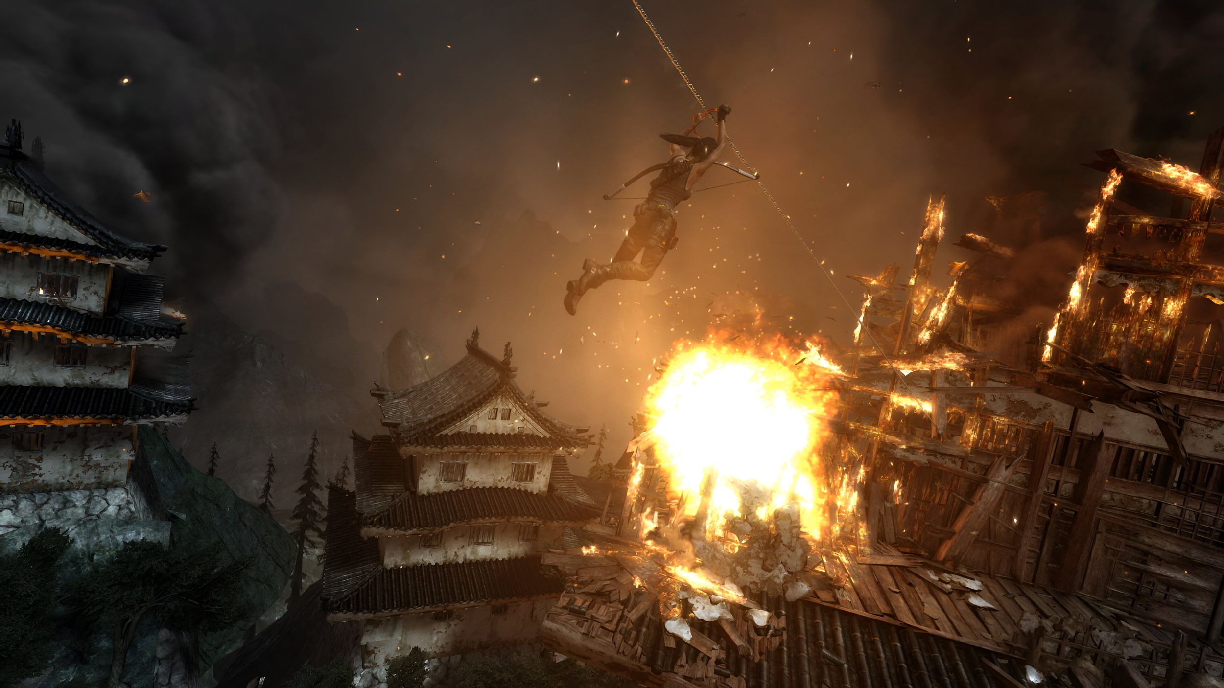 Lara Croft on a zipline in 2013's Tomb Raider.