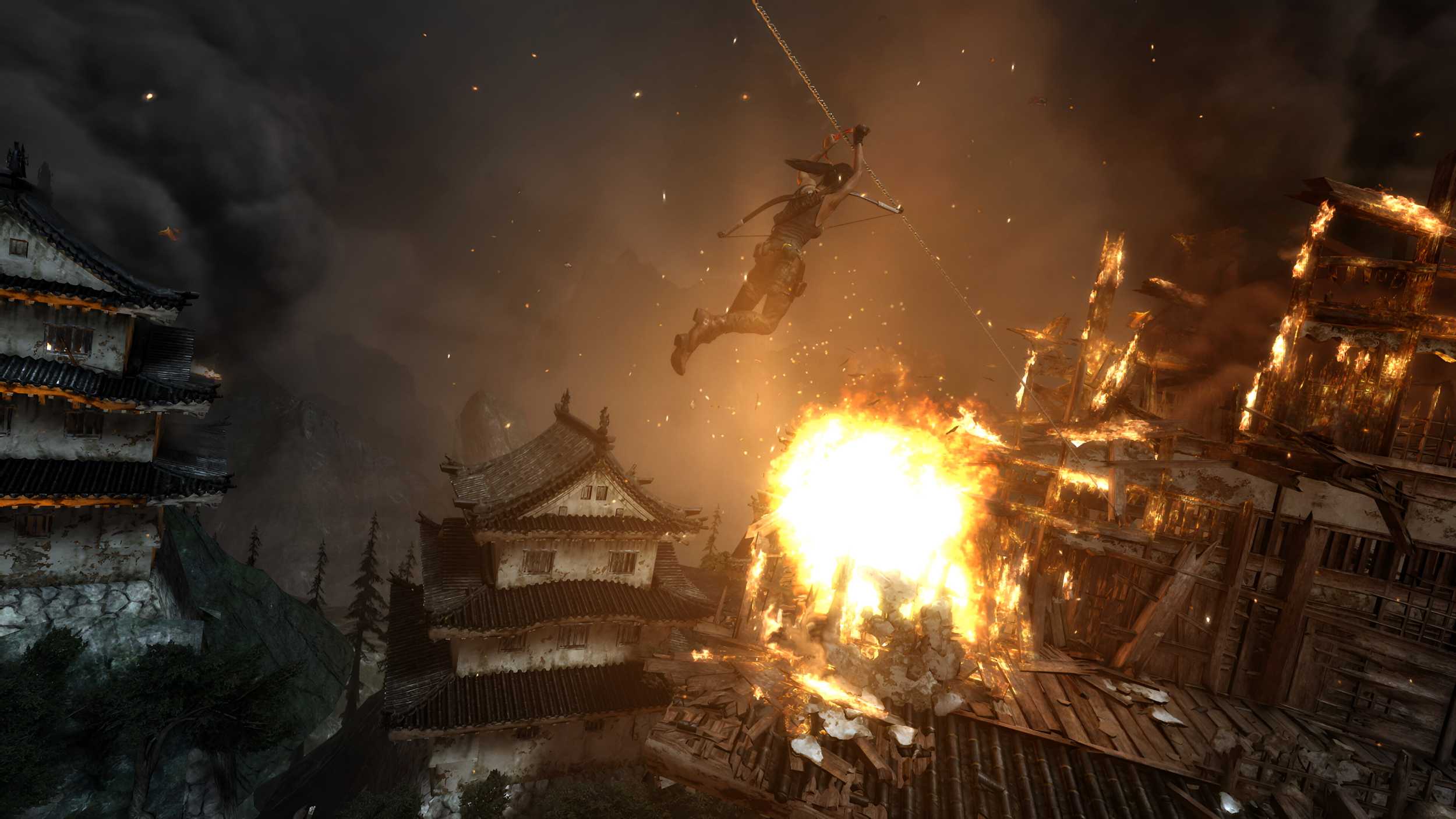 Lara Croft on a zipline in 2013's Tomb Raider.