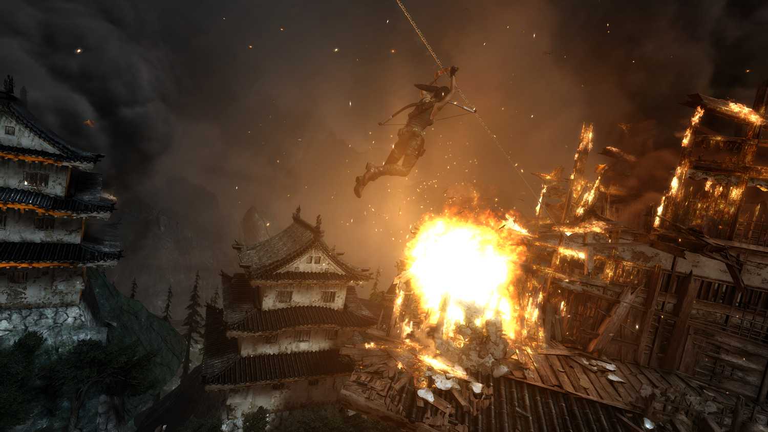 Lara Croft on a zipline in 2013's Tomb Raider.