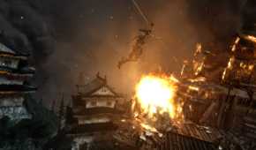Lara Croft on a zipline in 2013's Tomb Raider.