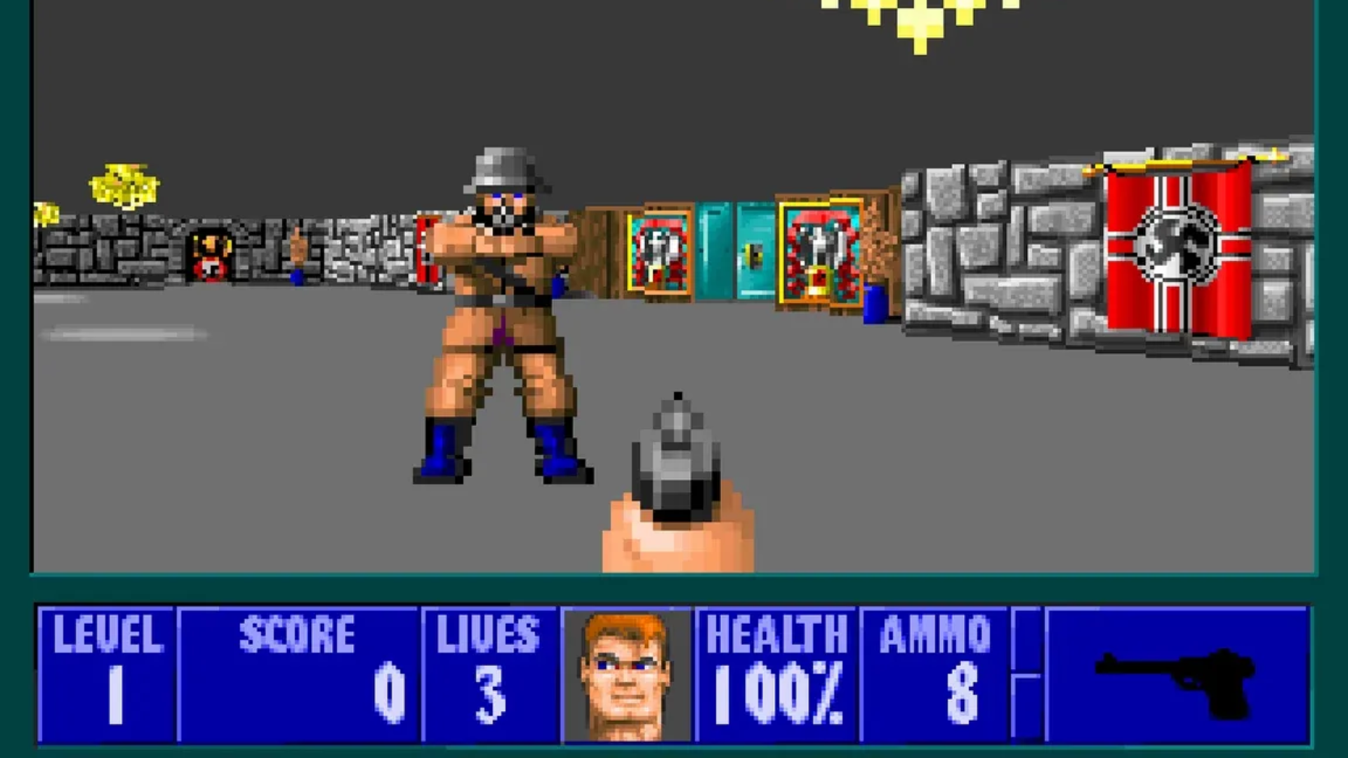 A soldier pointing a gun at the player