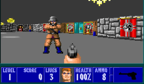 A soldier pointing a gun at the player