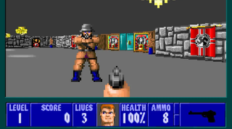 A soldier pointing a gun at the player