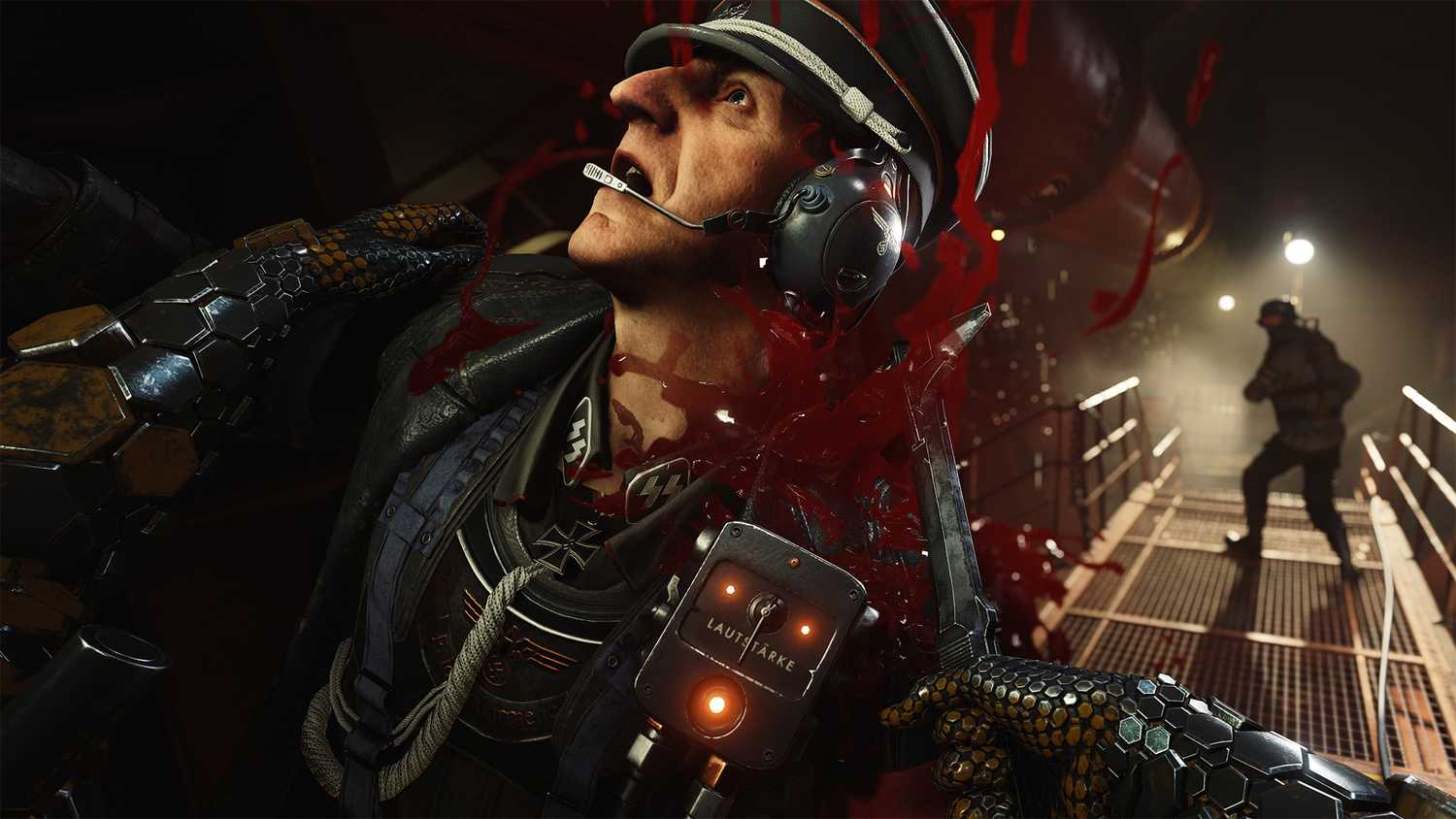 BJ Blazkowicz killing a Nazi commander with an axe in Wolfenstein 2: The New Colossus.