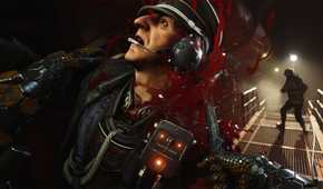 BJ Blazkowicz killing a Nazi commander with an axe in Wolfenstein 2: The New Colossus.