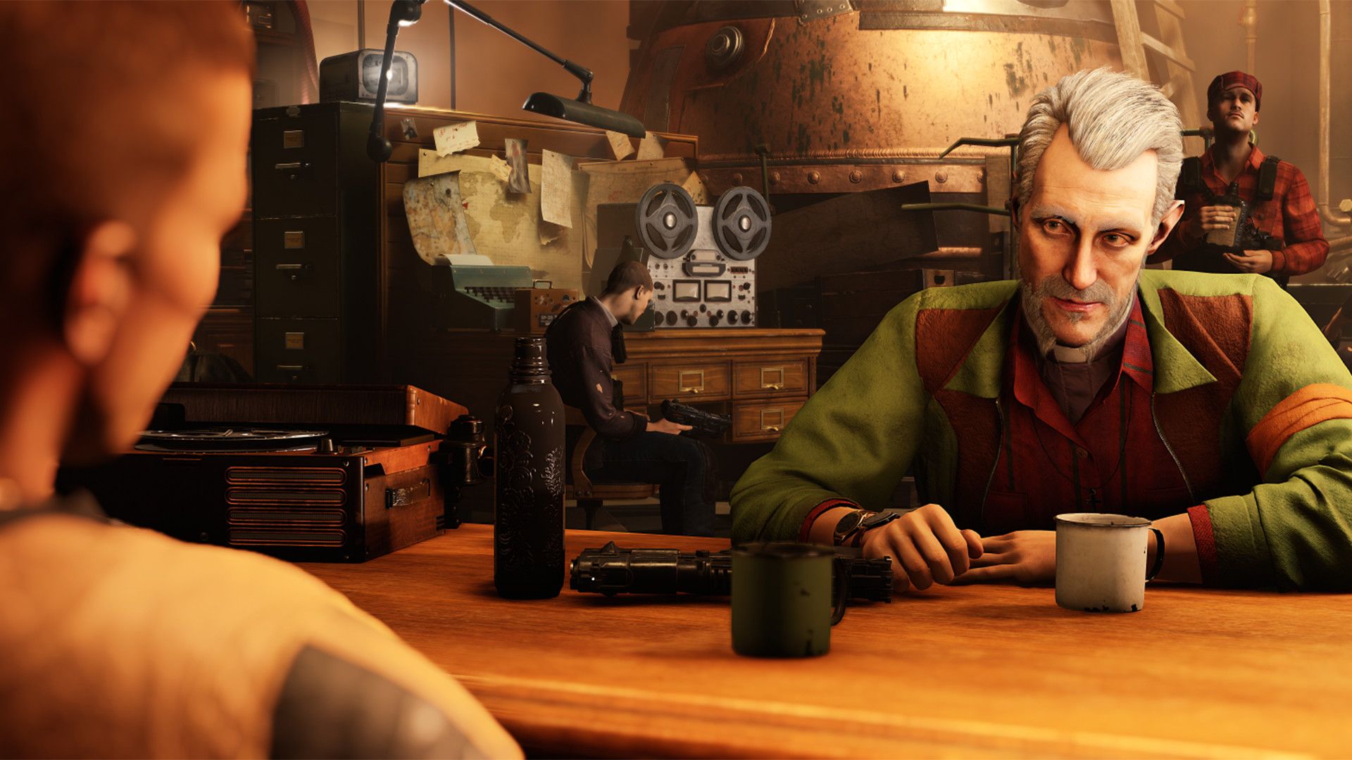 Characters having a conversation in Wolfenstein 2: The New Colossus.