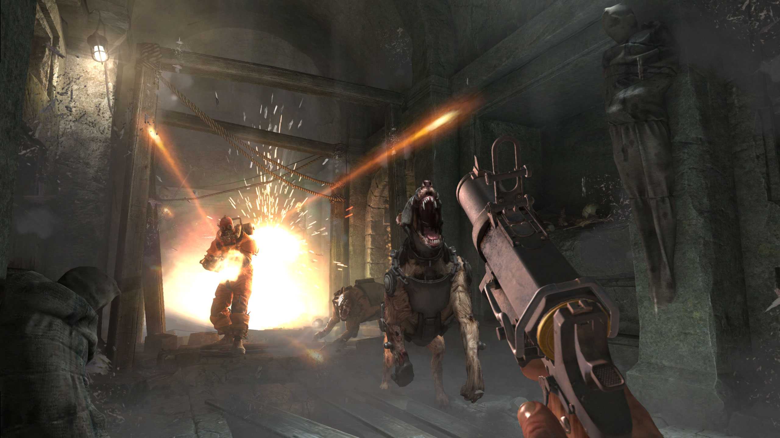 A dog attacking BJ in Wolfenstein: The New Order (2014).