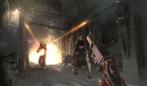 A dog attacking BJ in Wolfenstein: The New Order (2014).