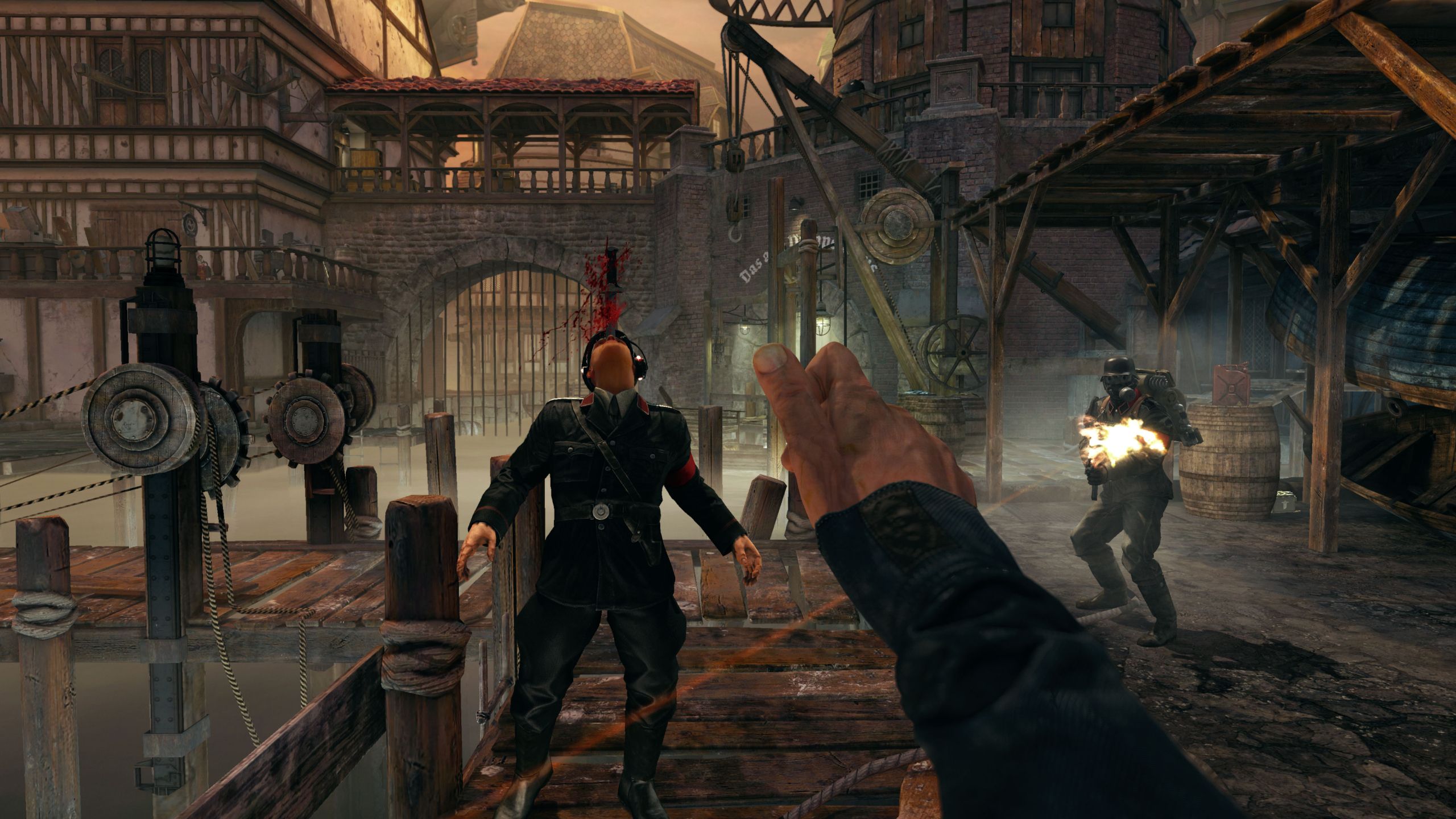BJ attacking a Nazi soldier with a knife in Wolfenstein: The Old Blood. 