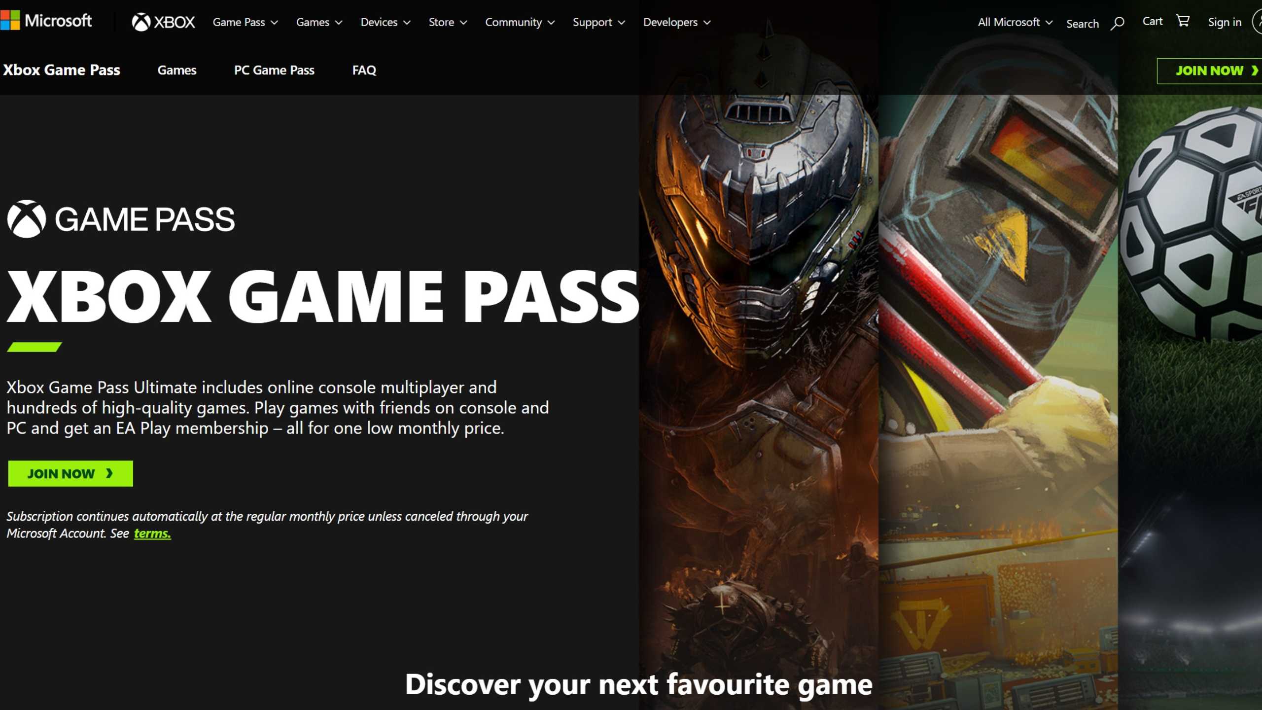 The website for Xbox Game Pass.