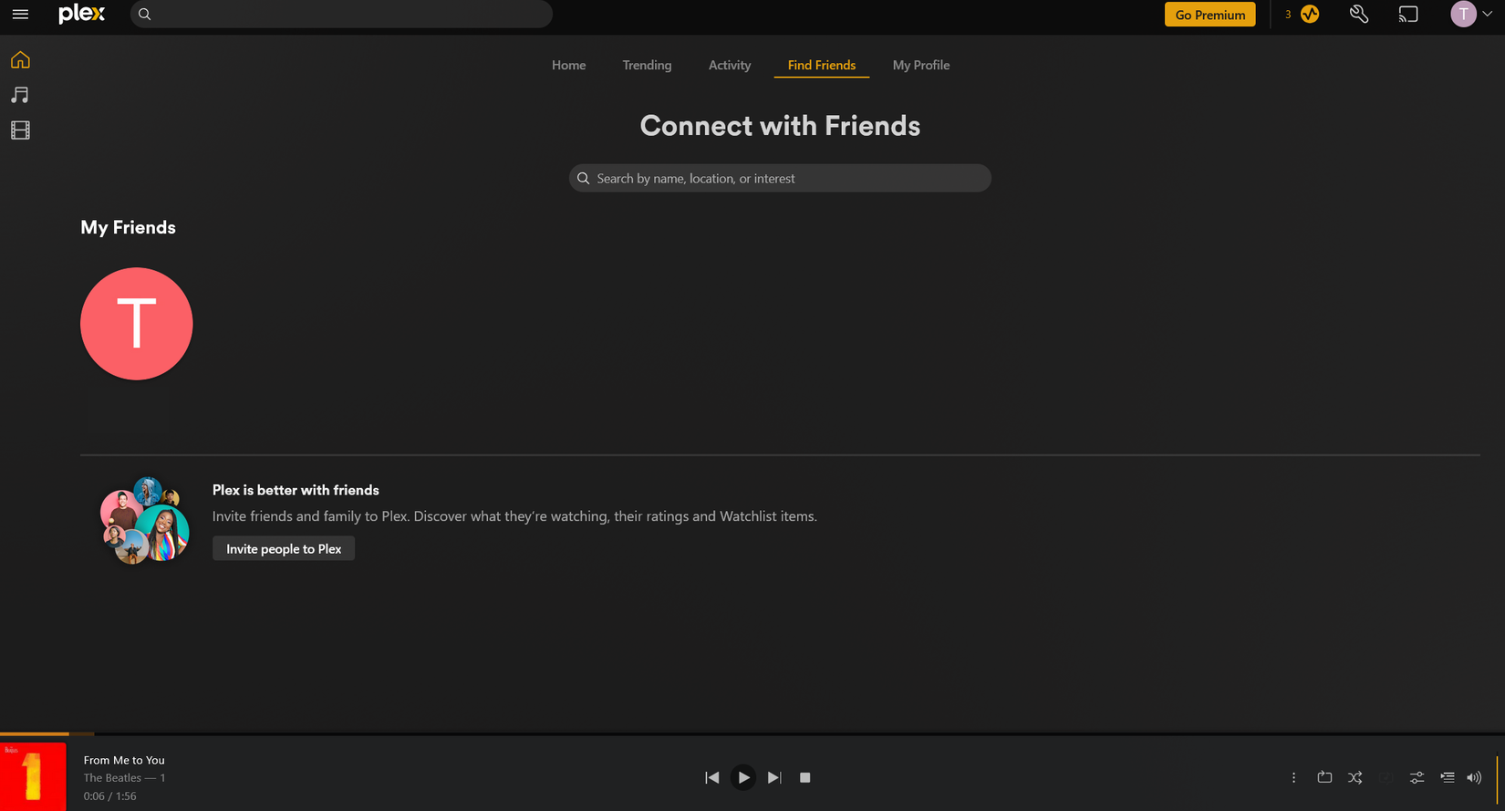 A screenshot of Plex's friends search panel