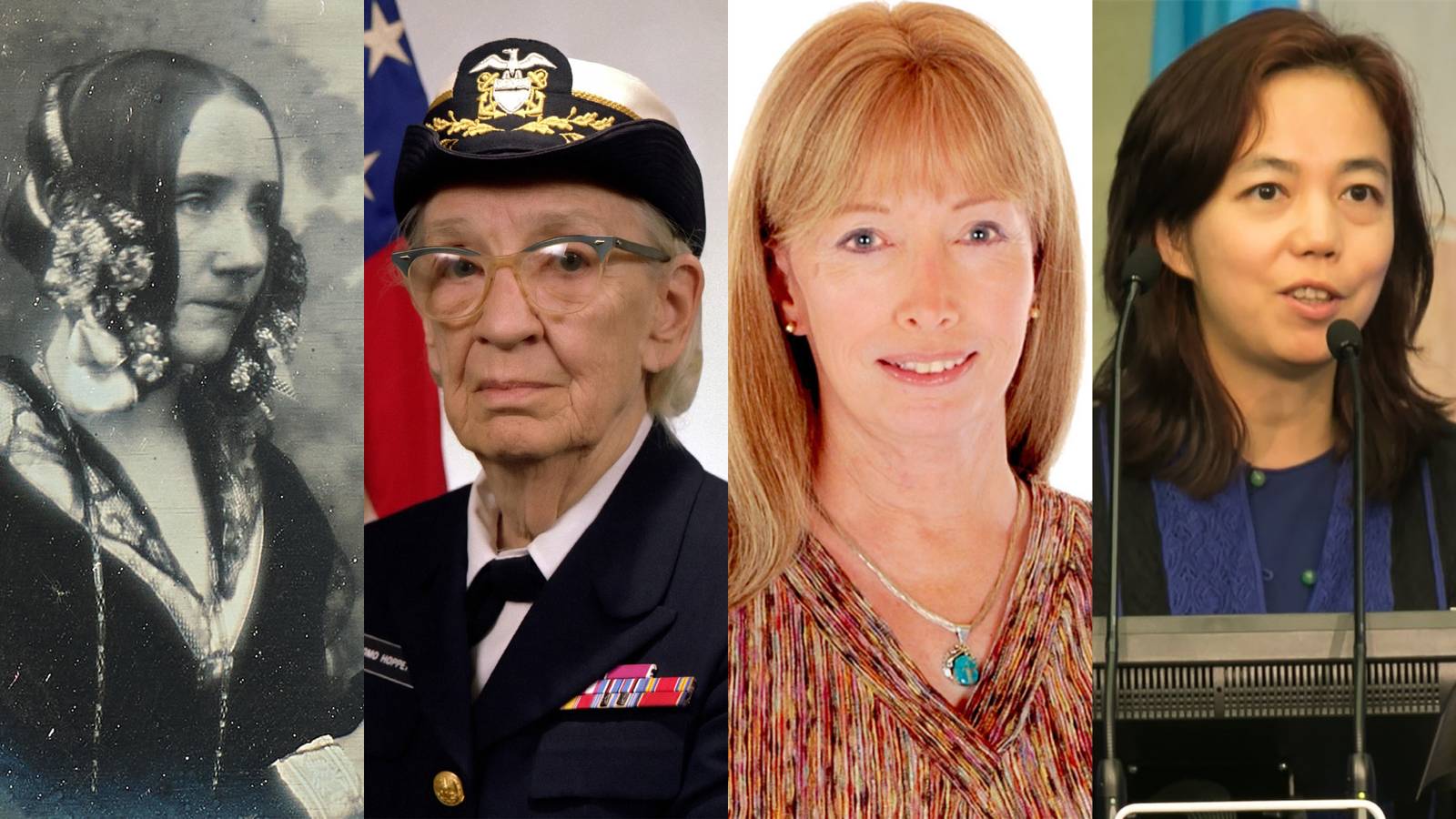 An image with four photos of Ada Lovelace, Grace Hopper, Lynn Conway, and Fei-Fei Li