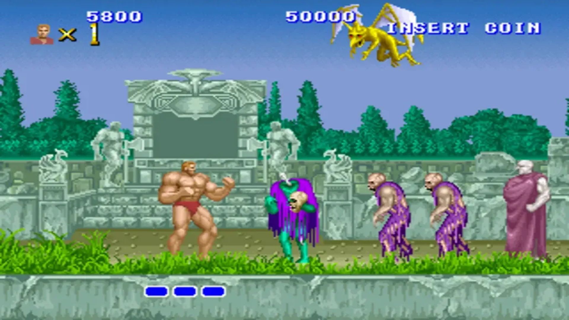 A screenshot of the gameplay from first stage of the arcade version of Altered Beast