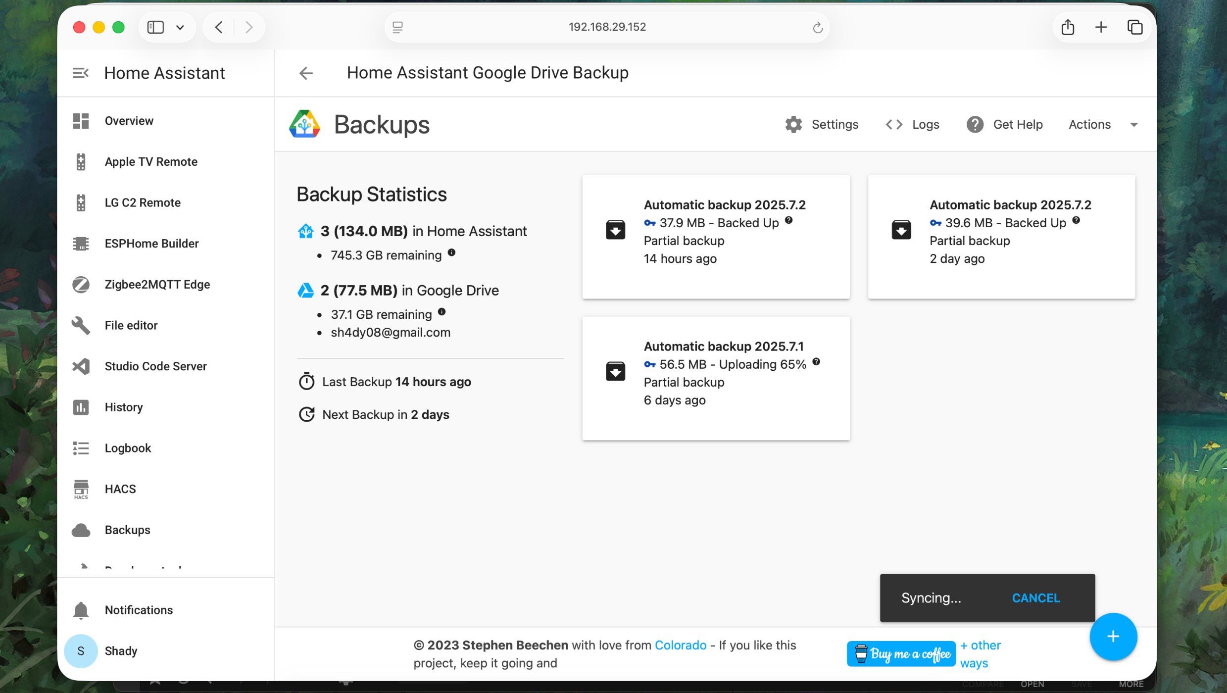 Home Assistant Backup in progress