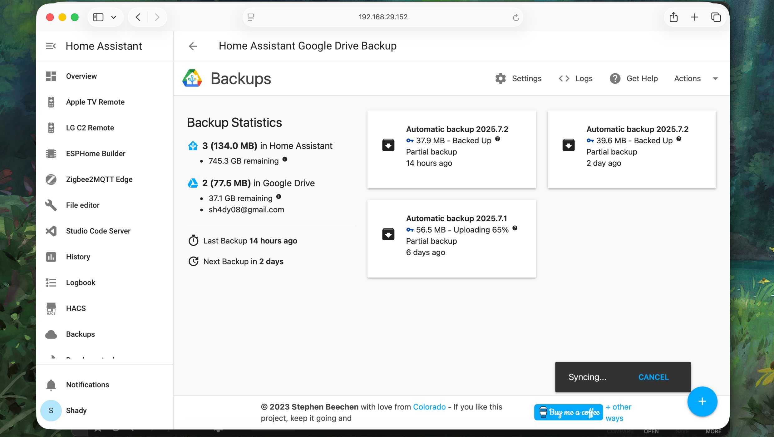Home Assistant Backup in progress