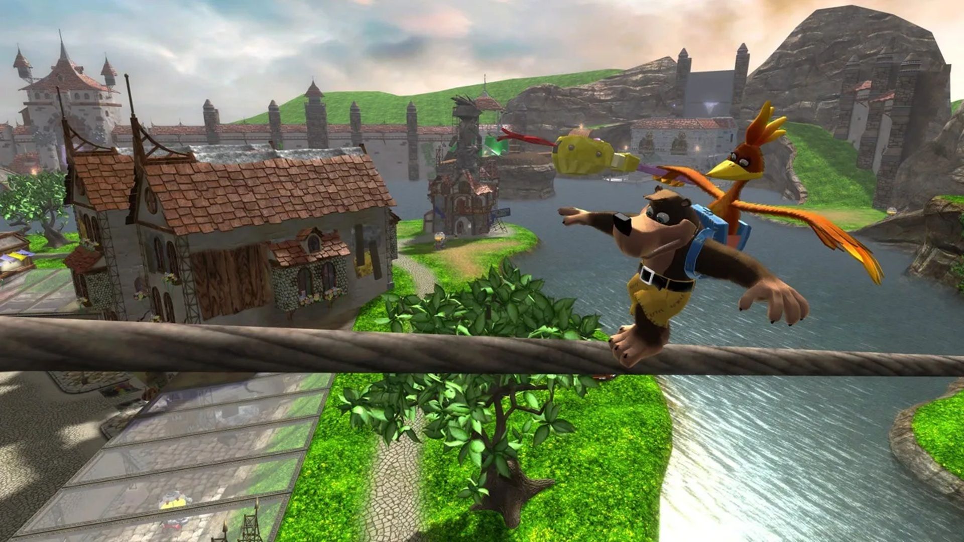 A screenshot of Banjo and Kazooie walking a tightrope in Banjo-Kazooie Buts & Bolts