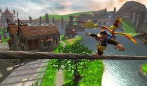 A screenshot of Banjo and Kazooie walking a tightrope in Banjo-Kazooie Buts & Bolts
