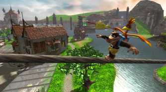 A screenshot of Banjo and Kazooie walking a tightrope in Banjo-Kazooie Buts & Bolts