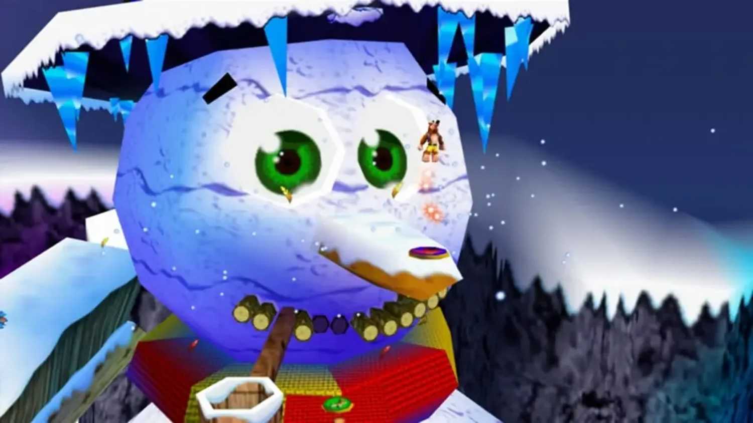 A screenshot Banjo jumping off a snowman mountain in Banjo-Kazooie